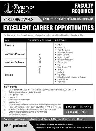 University of Lahore (UOL) Sargodha Campus Jobs March 2021
