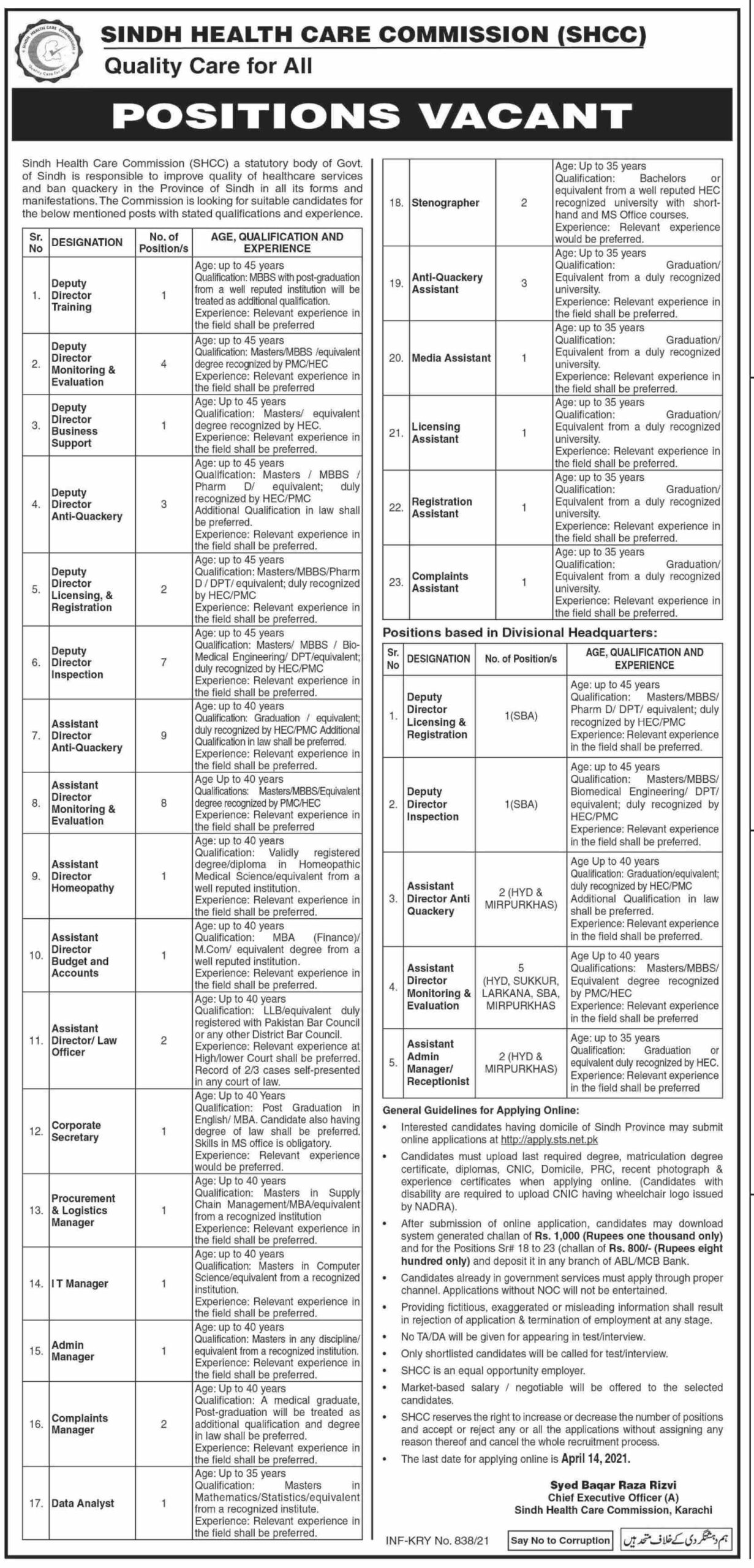 Sindh Health Care Commission (SHCC) Jobs March 2021 
