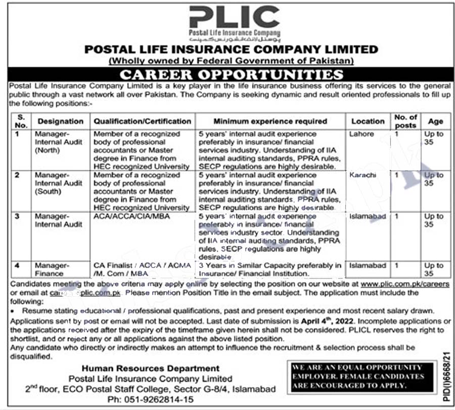 Postal Life Insurance Company Limited PLICL Job 2022 