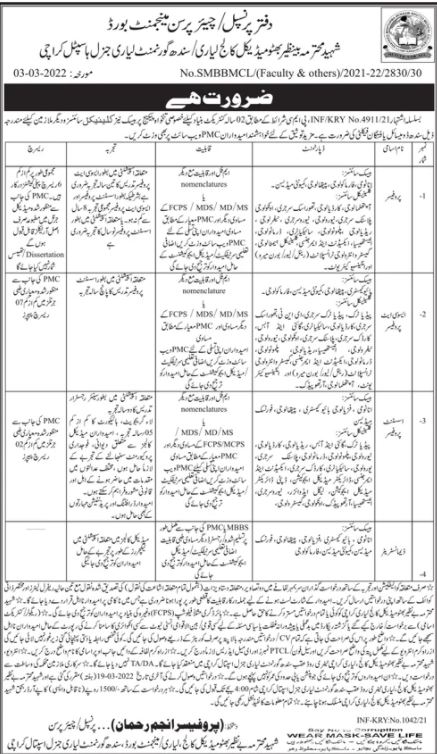 Shaheed Mohtarma Benazir Bhutto Medical College Lyari Jobs 2022