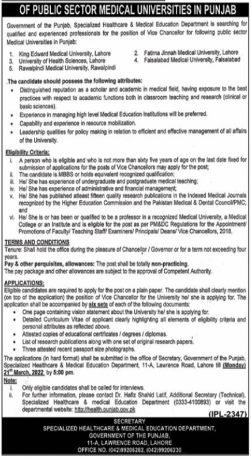 Specialized Healthcare & Medical Education Department Punjab Jobs 2022