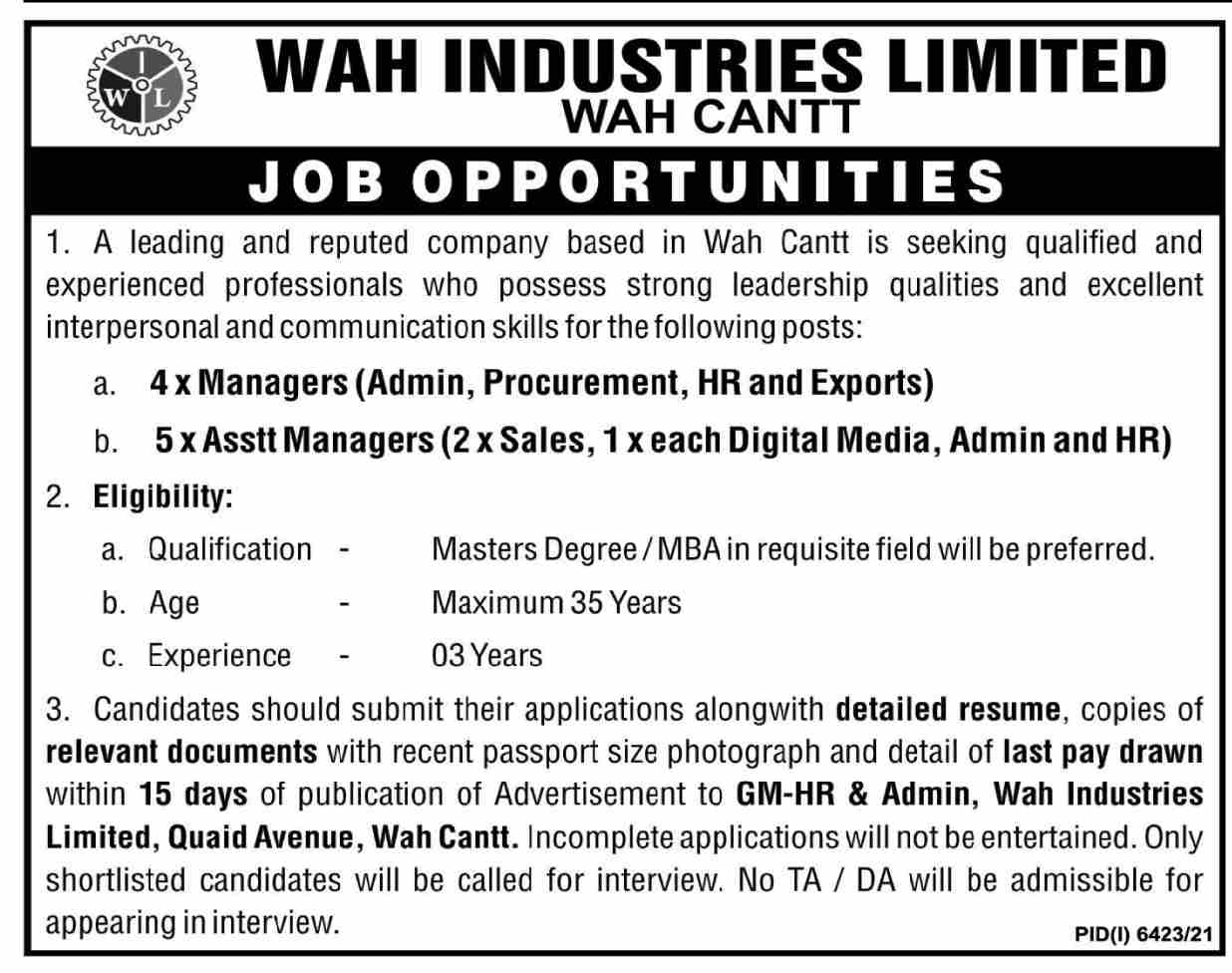 Wah Industries Limited Jobs 2022 