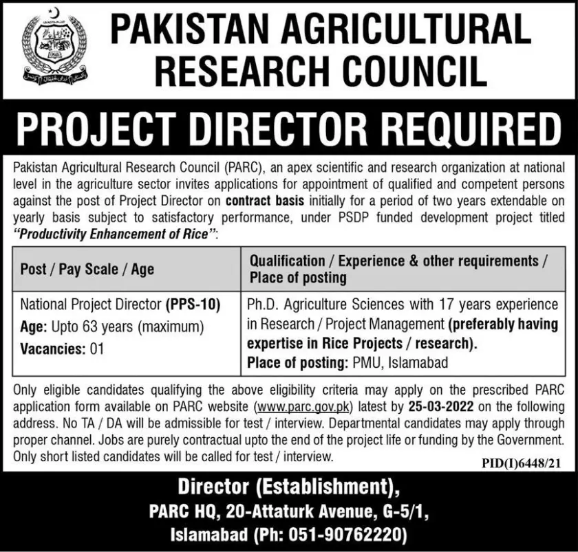 Pakistan Agricultural Research Council PARC Jobs 2022