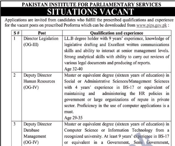 Pakistan Institute for Parliamentary Services PIPS Jobs 2022