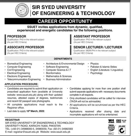 Sir Syed University of Engineering and Technology Karachi Jobs 2022