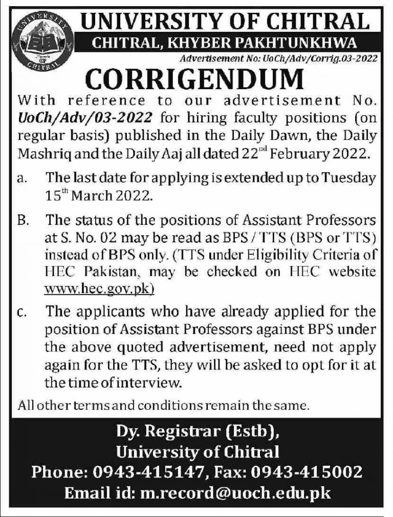 University of Chitral Jobs 2022 for Teaching 