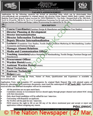 Pakistan Institute of Fashion and Design PIFD Jobs 2022 