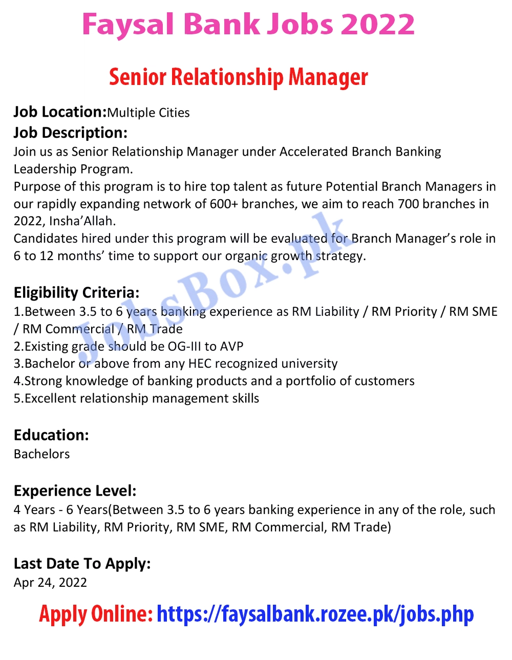 Faysal Bank Jobs 2022 for Senior Relationship Managers 