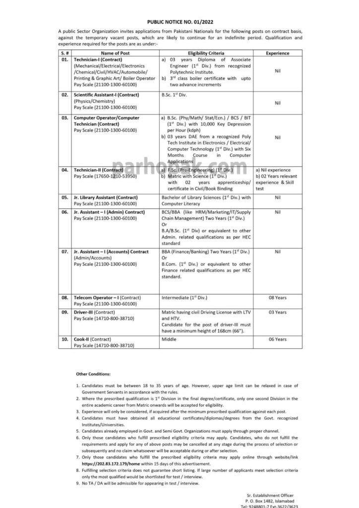 Public Sector PO Box 1482 Islamabad Jobs 2022