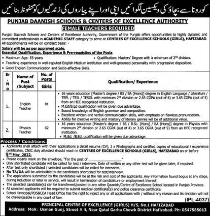 Centers of Excellence Schools Girls Hafizabad Jobs 2022