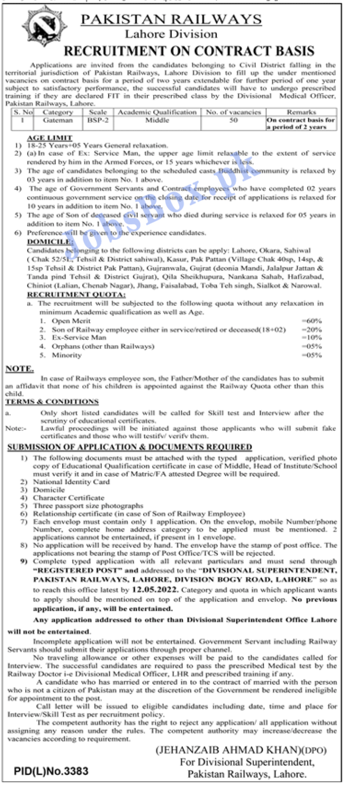 Pakistan Railways Lahore Division Jobs 2022 