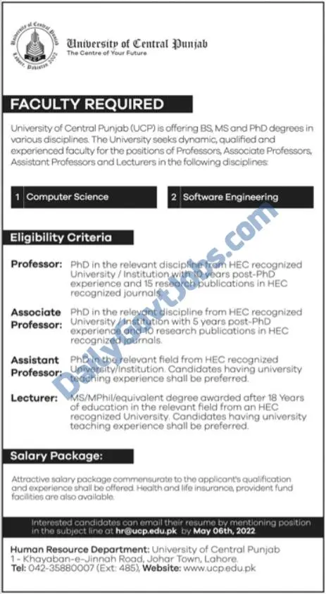 University of Central Punjab UCP Jobs 2022 For Lecturers, Professors