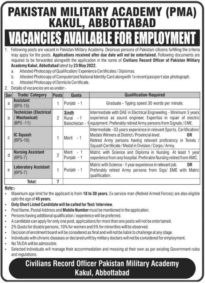 پاکستان ملٹری اکیڈمی پی ایم اے کاکول ایبٹ آباد نوکریاں 2022 