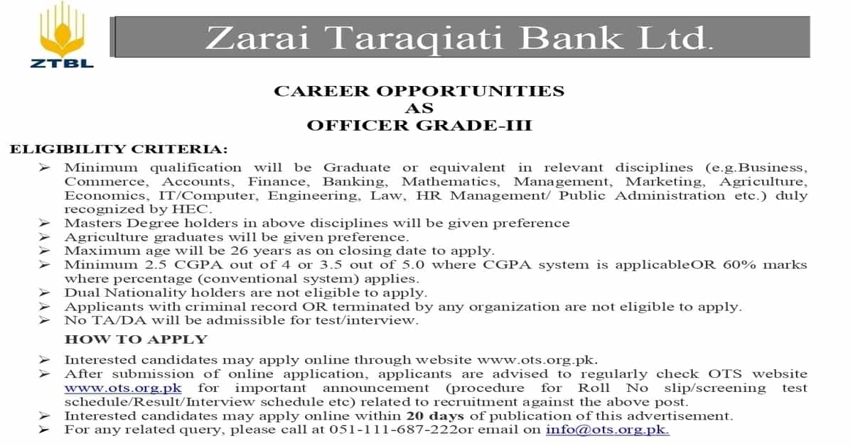 Zarai Taraqiati Bank Limited ZTBL Jobs 2022 
