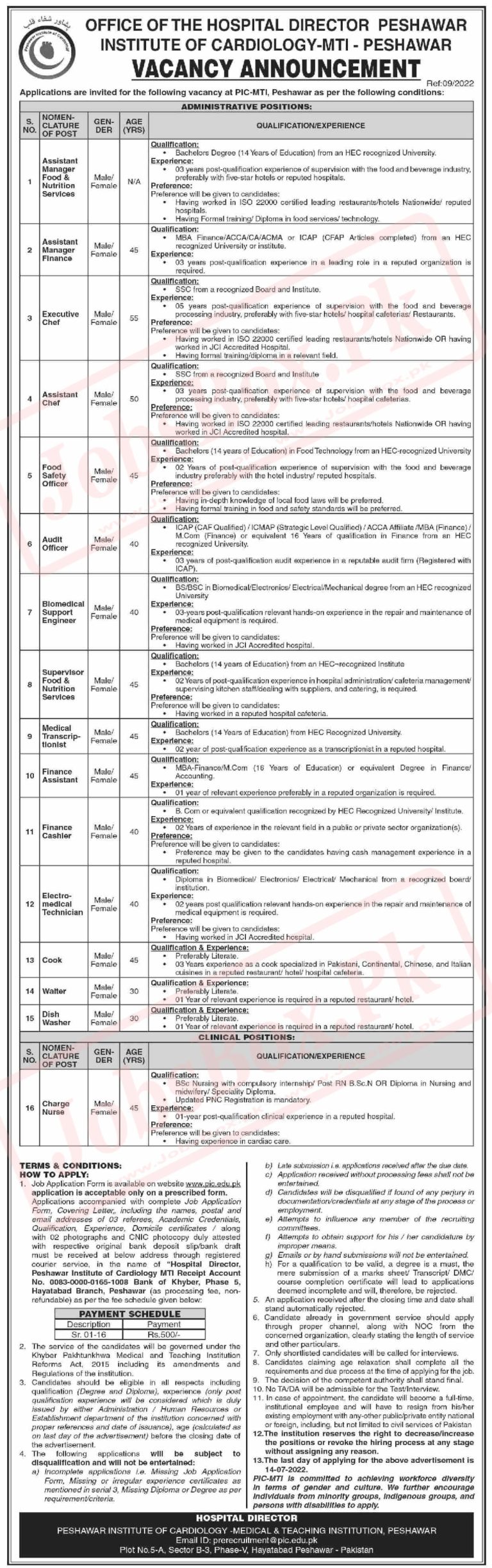 Peshawar Institute of Cardiology PIC Jobs 2022