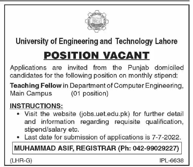 UET Lahore Jobs 2022