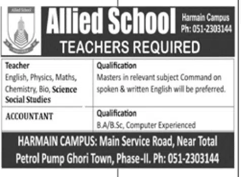 Allied School Harmain Campus Ghor Town Islamabad Jobs 2022