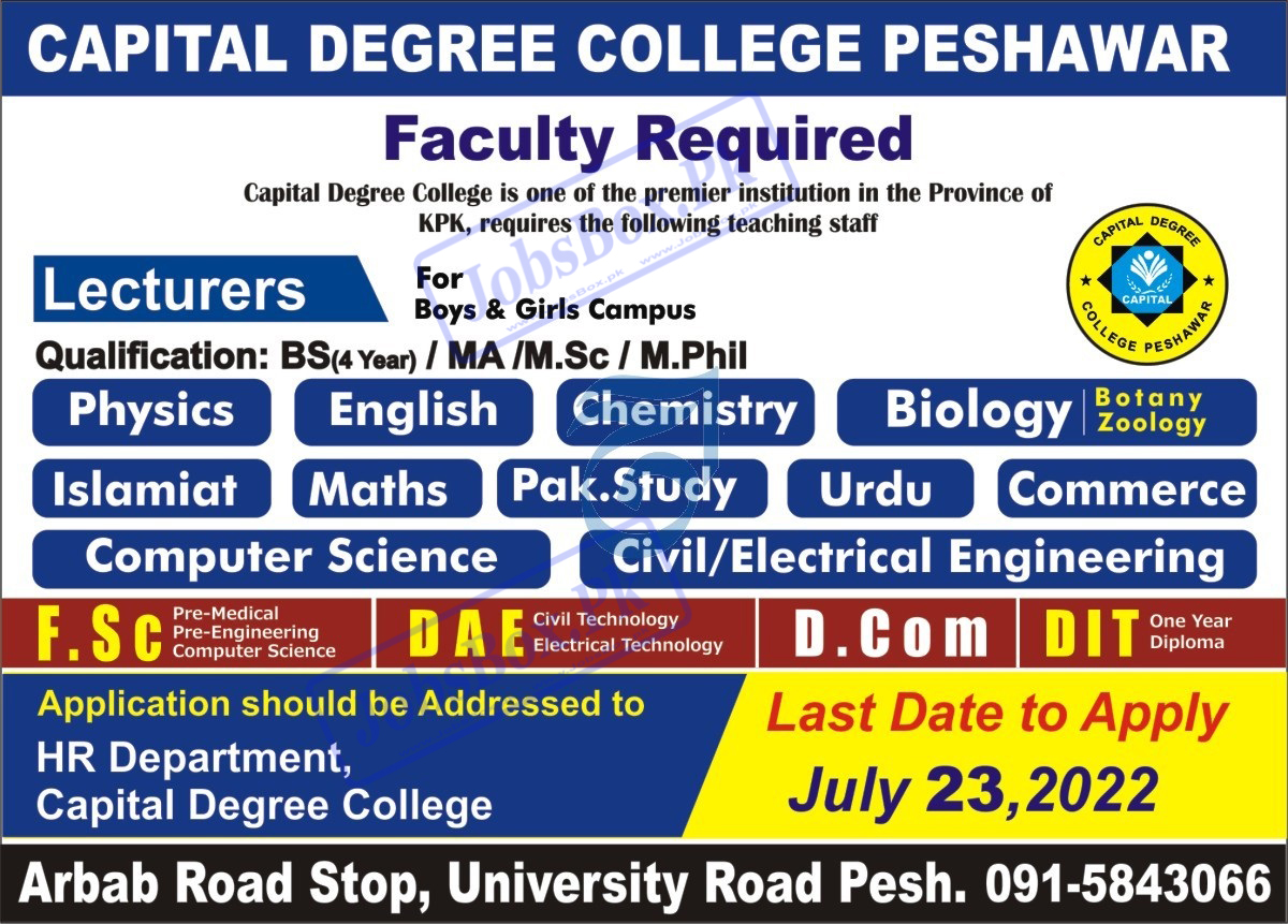 Capital Degree College Peshawar Jobs 2022