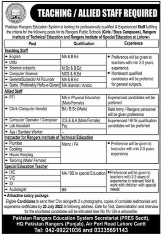 Pakistan Rangers Education System Lahore Jobs 2022