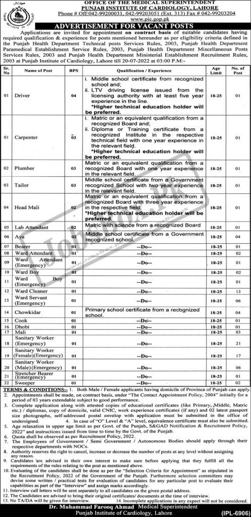 Punjab Institute of Cardiology Lahore Jobs 2022