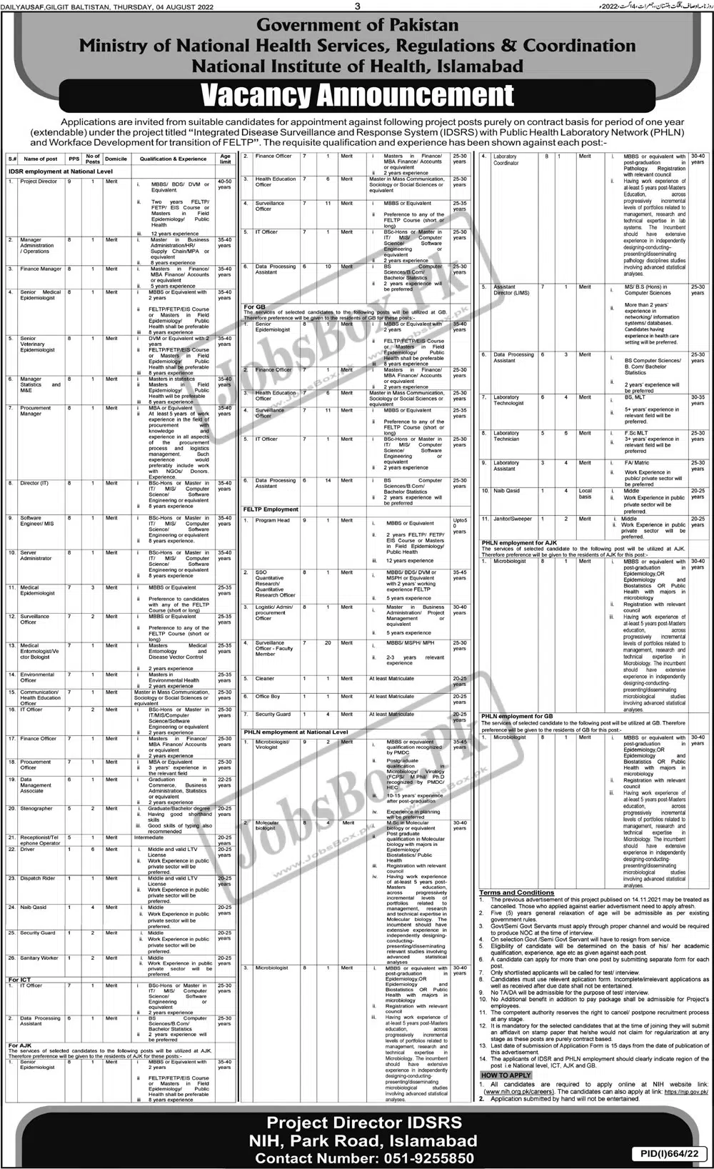 New Government Vacancies at National Institute of Health Islamabad 2022