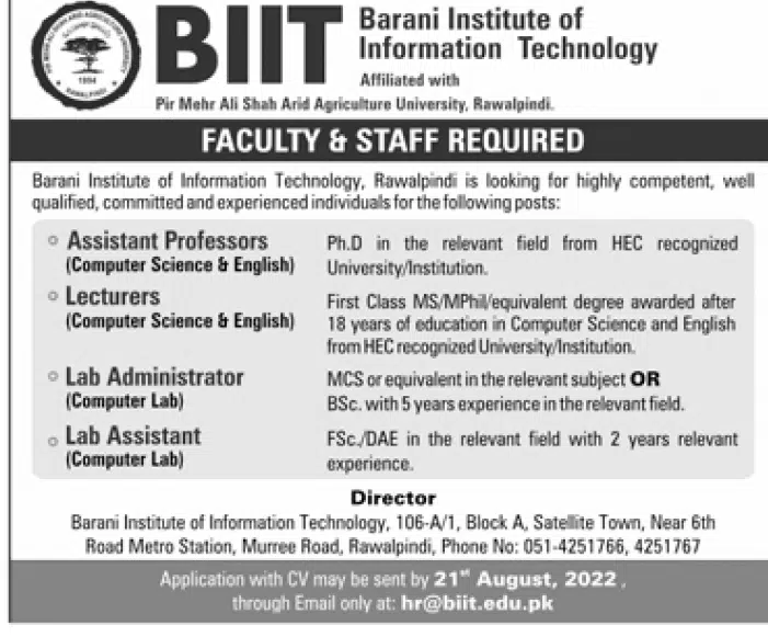Barani Institute of Information Technology Jobs 2022 | Advertisement