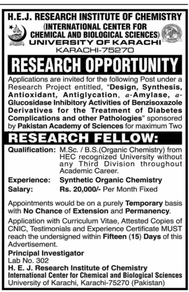 HEJ Karachi Jobs 2022 | Research Institute (Chemical & Biological Science)