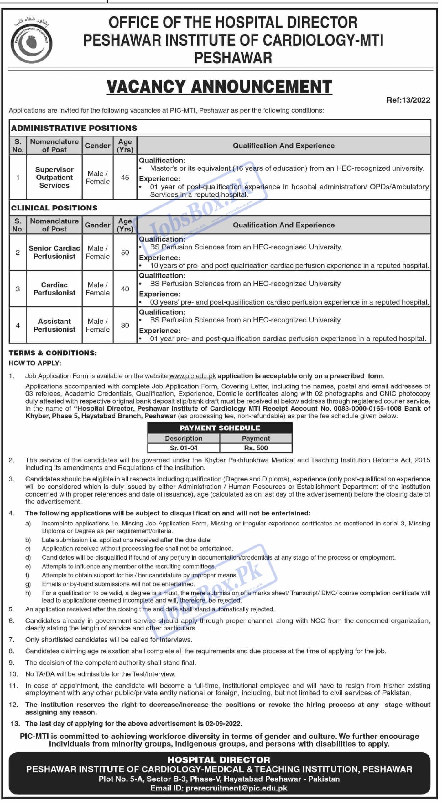 Peshawar Institute of Cardiology PIC Jobs August 2022