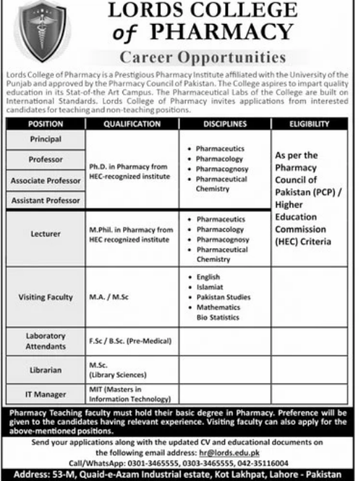 Lords College Of Pharmacy Jobs 2022 | Lahore