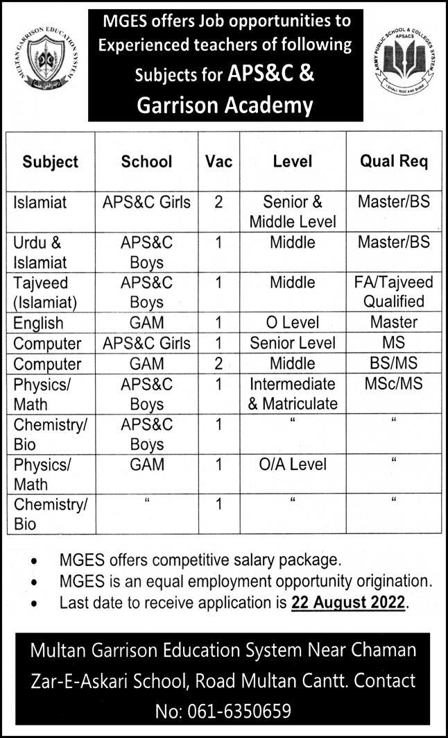 Multan Garrison Education System MGES Jobs 2022 | Advertisement