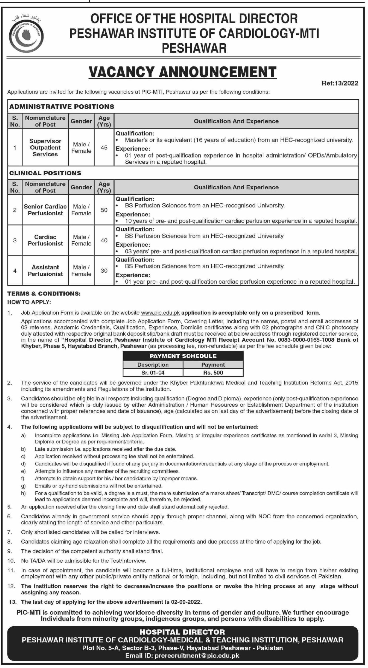 Peshawar Institute of Cardiology PIC Jobs 2022 | Application Form