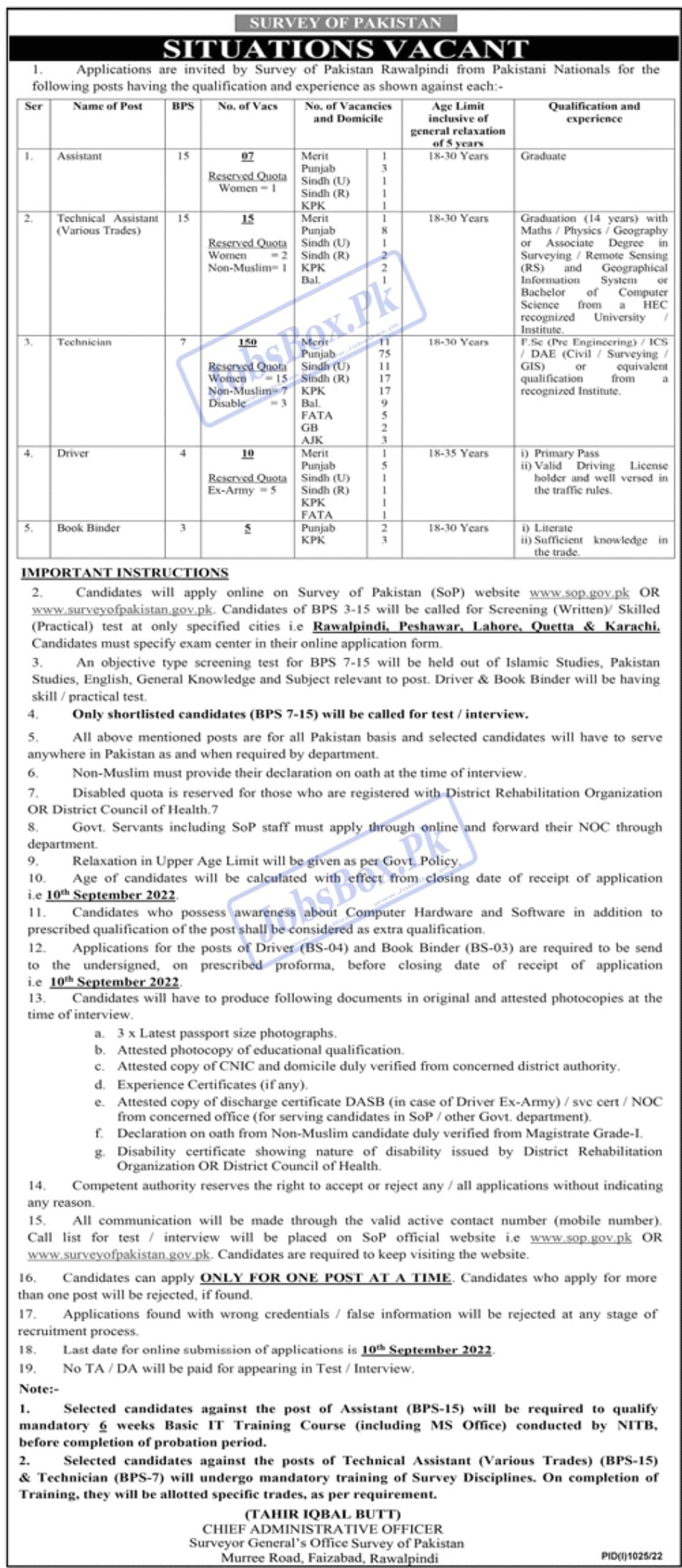 Survey of Pakistan SOP Rawalpindi Jobs 2022 | www.sop.gov.pk