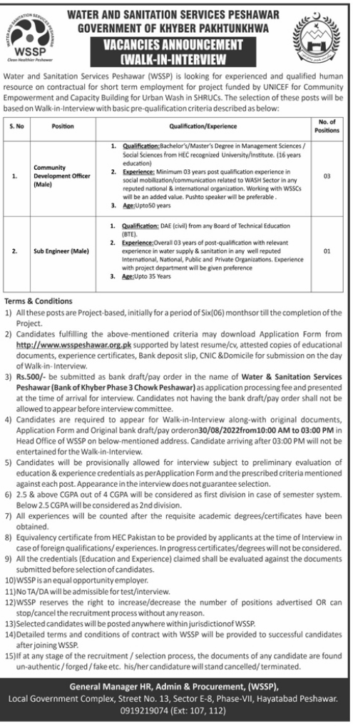 WSSC Peshawar Jobs 2022 | Water and Sanitation Services Company