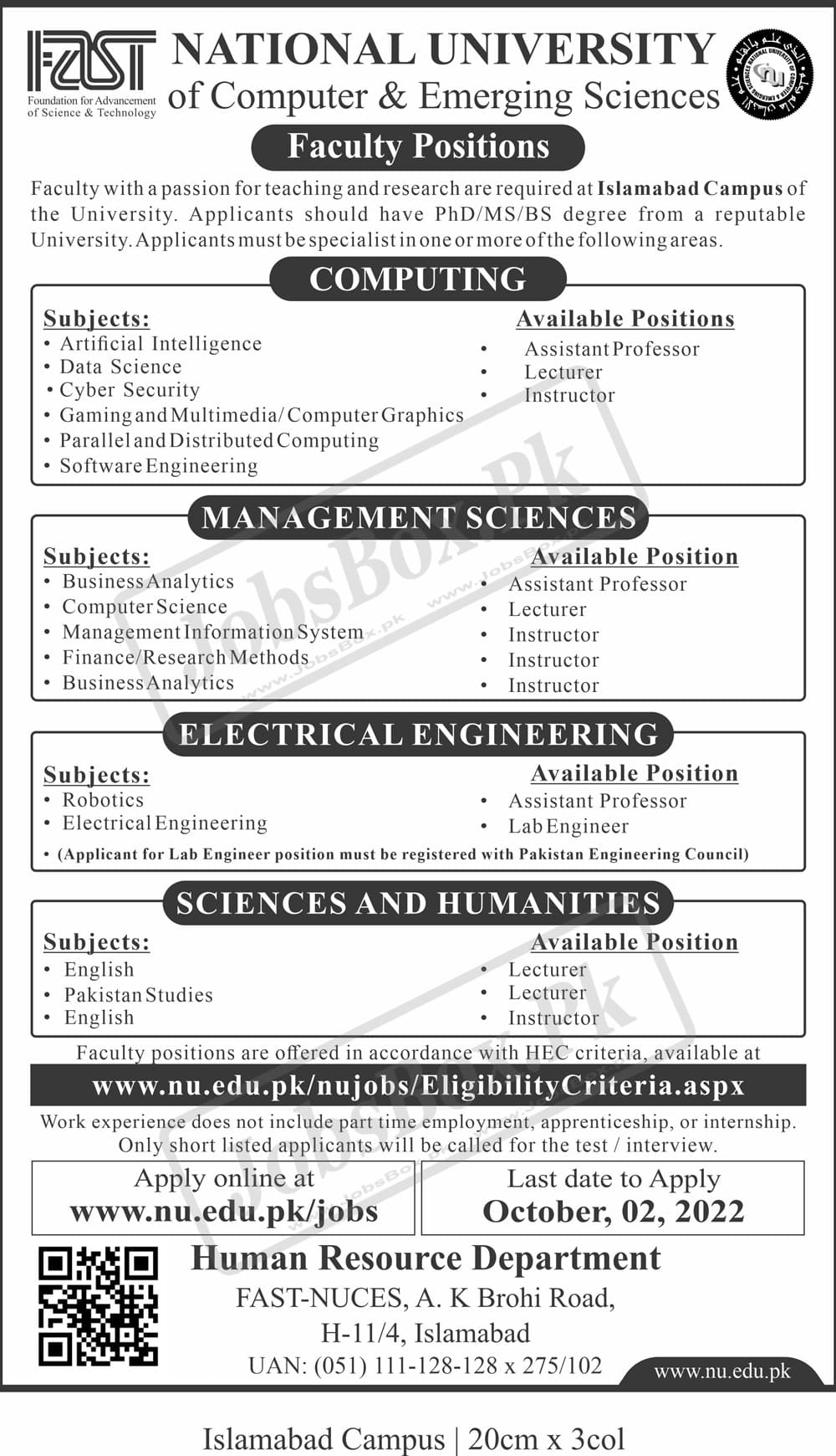 National University NU Islamabad Jobs 2022