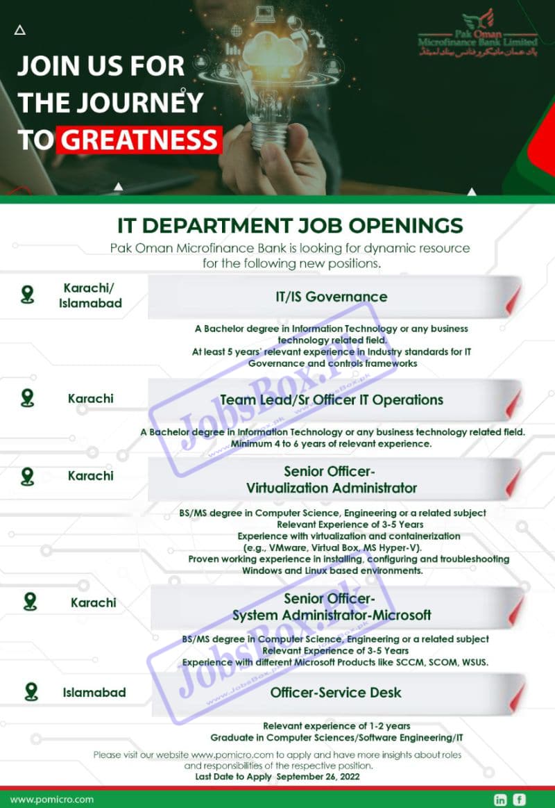 Pak Oman Microfinance Bank Limited Jobs 2022 | www.pomicro.com