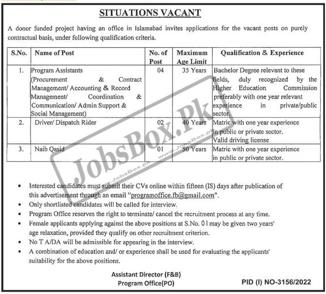 Donor Funded Project Office Islamabad Jobs 2022