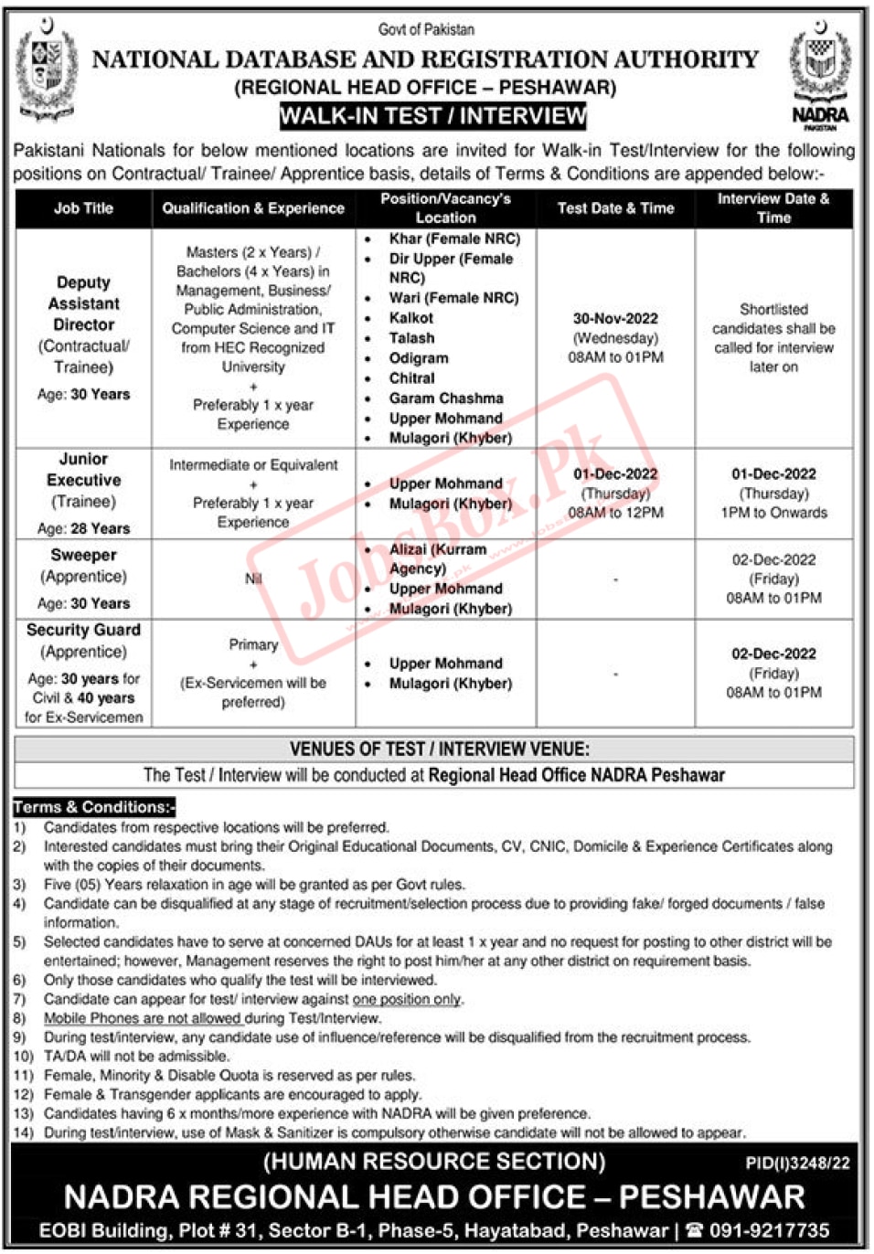NADRA Regional Head Office Peshawar Jobs 2022