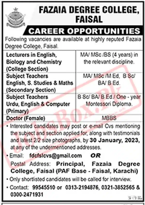 Fazaia Degree College Faisal Karachi Jobs 2023