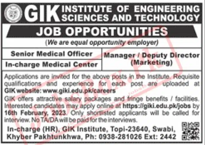 GIK Institute of Engineering Science & Technology Jobs 2023