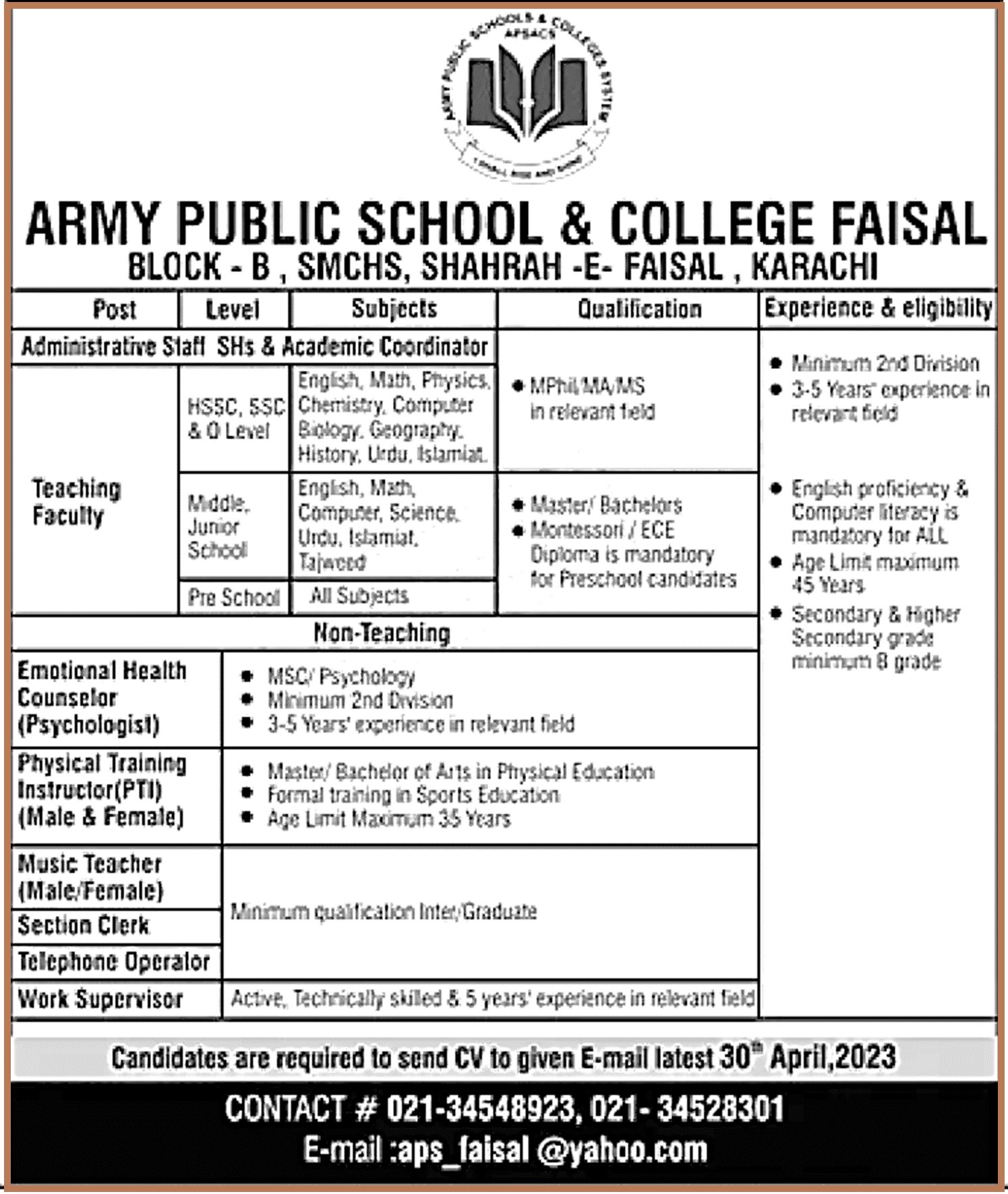 Army Public School APS Karachi Jobs 2023