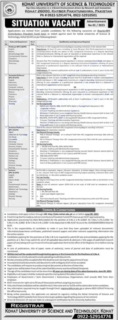 Kohat University of Science and Technology KUST Jobs 2023