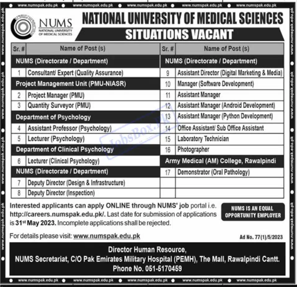 National University of Medical Sciences Career Jobs 2023