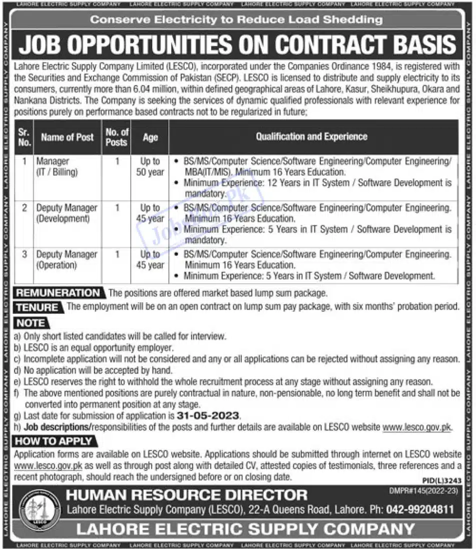 Lahore Electric Supply Company LESCO Career Jobs 2023