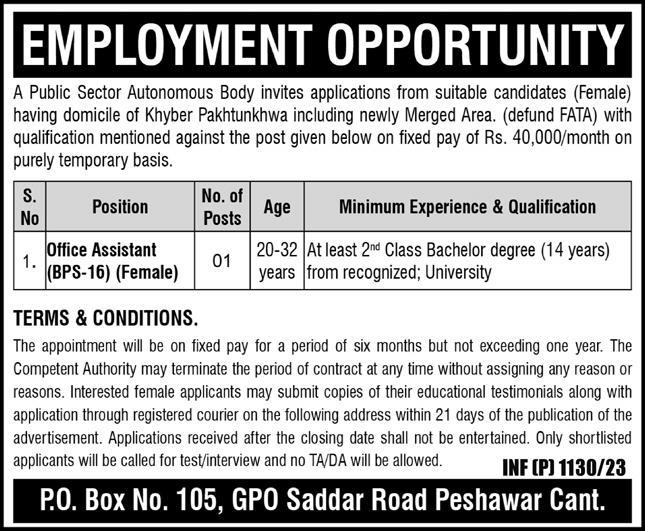 P.O Box No. 105 GPO Saddar Peshawar Cantt Jobs 2023