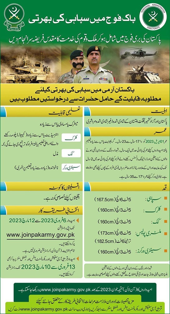 Pak Army Sipahi Jobs 2023