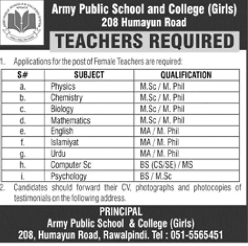 Army Public School APS Rawalpindi Jobs 2023