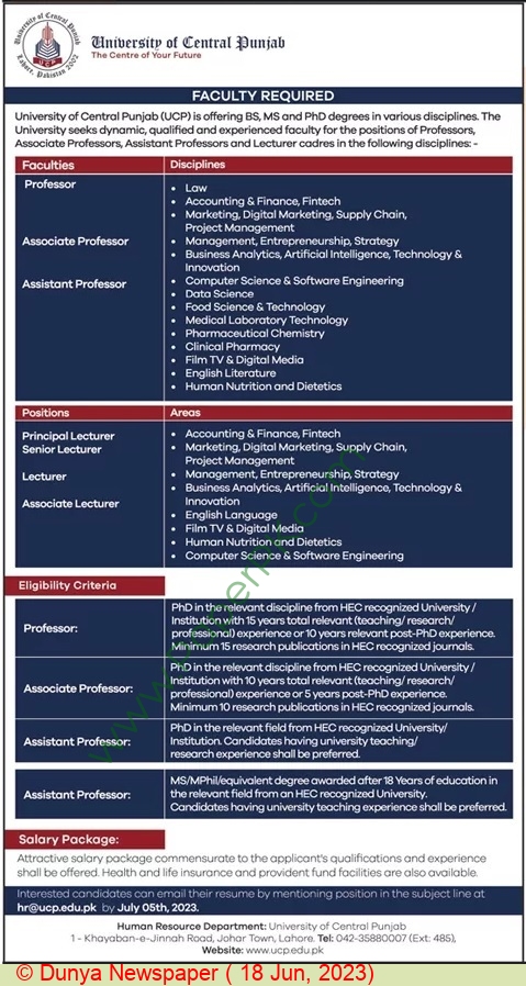 University of Central Punjab Vacancies 2023