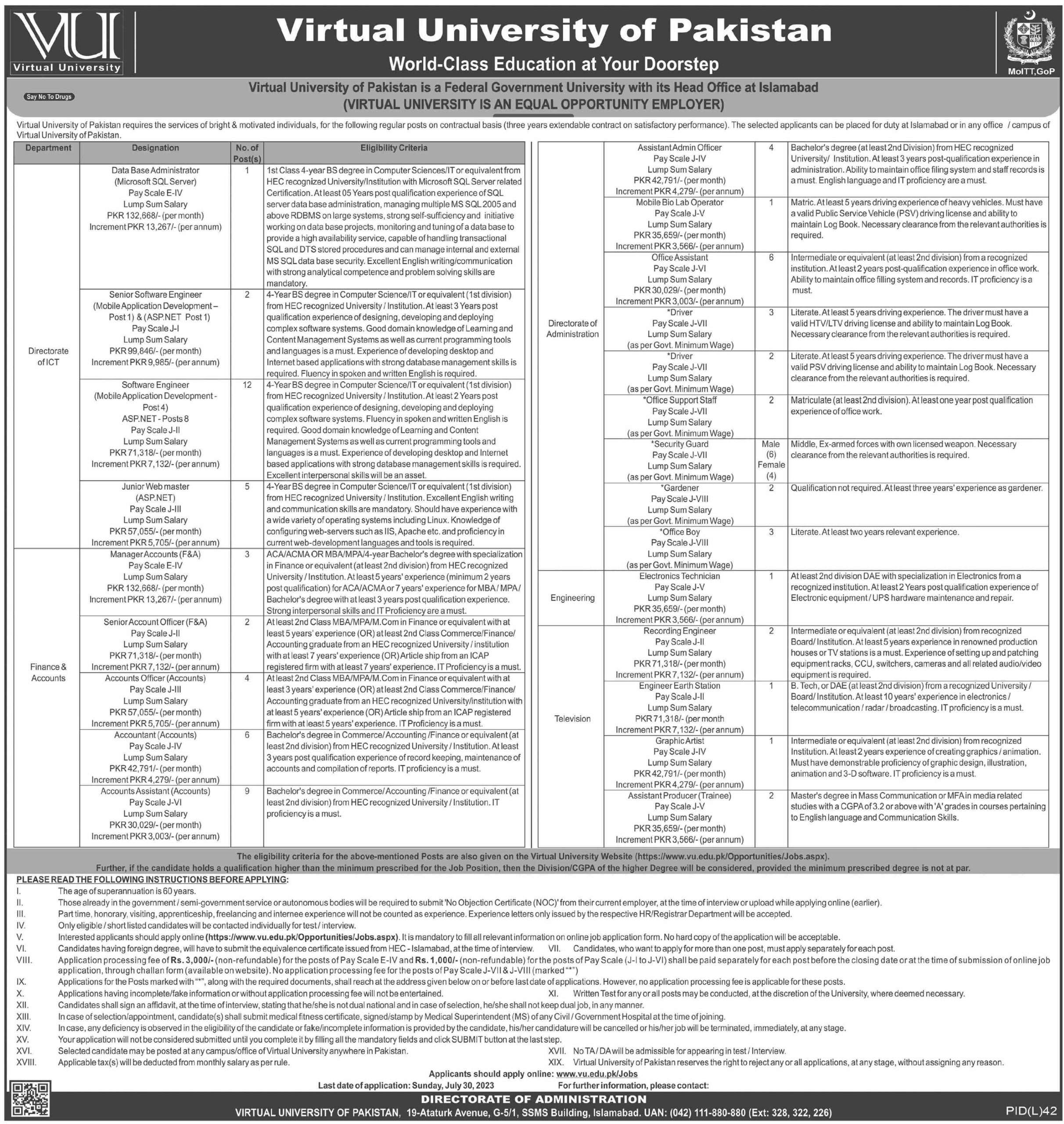Virtual University of Pakistan VU Islamabad Job 2023