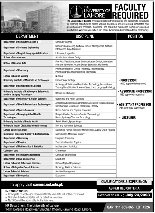 UOL Jobs 2023 For Teaching Faculty - University of Lahore Jobs July 2023