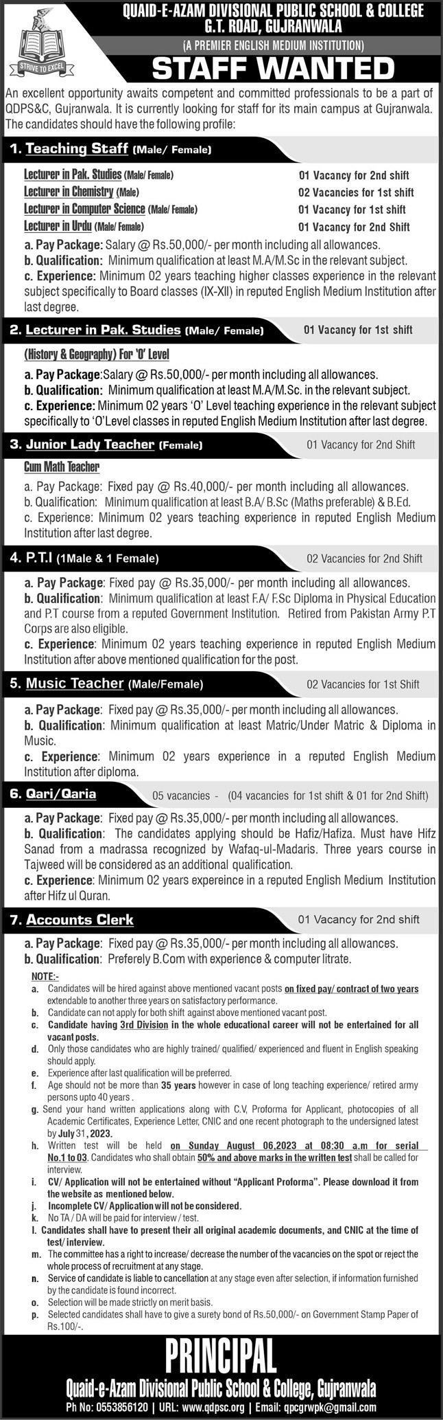 Quaid e Azam Divisional Public School & College Jobs 2023 
